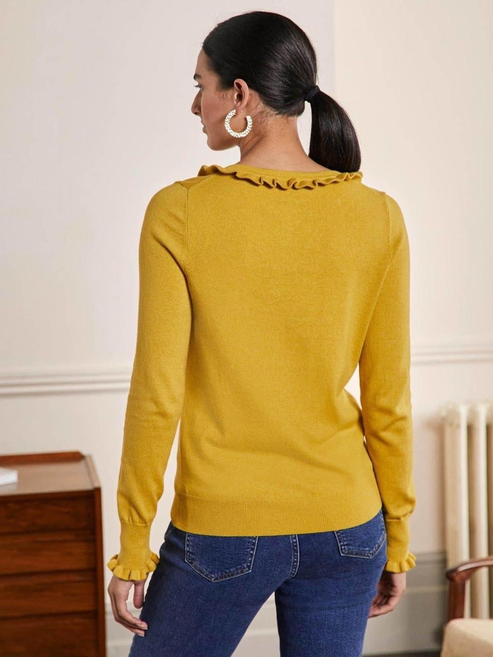 Boden Mustard Ruffle-Trim Crewneck Sweater